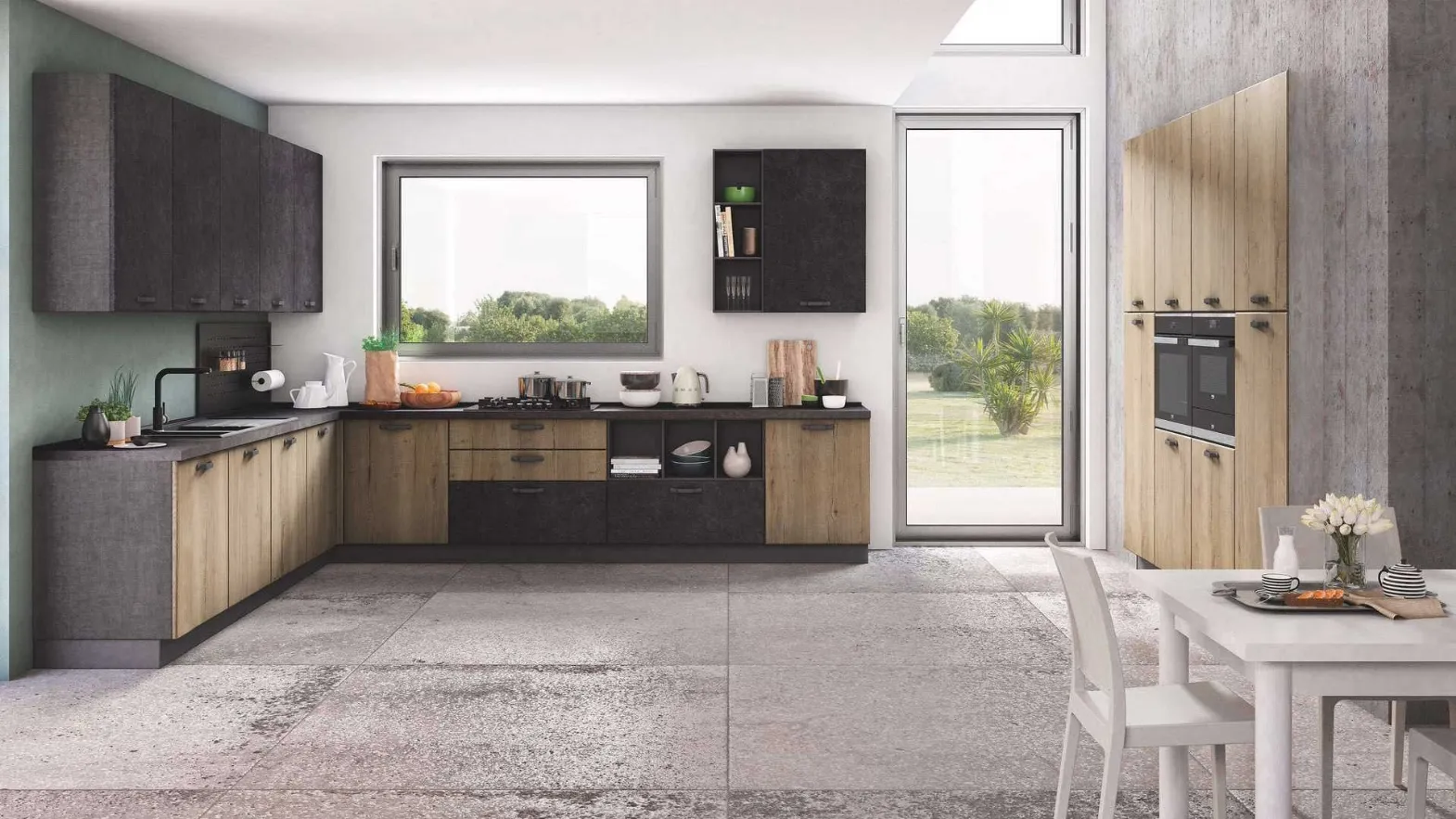 Cucina Moderna ad angolo Ambra 01 Rovere e Antracite di Net Cucine