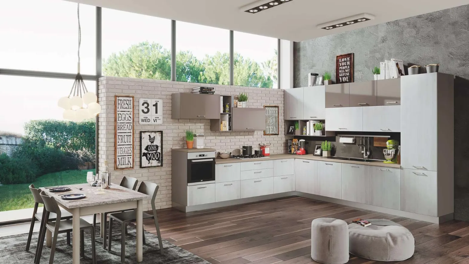 Cucina Moderna Kira 02 Legno Argento e Tortora Lucido di Net Cucine