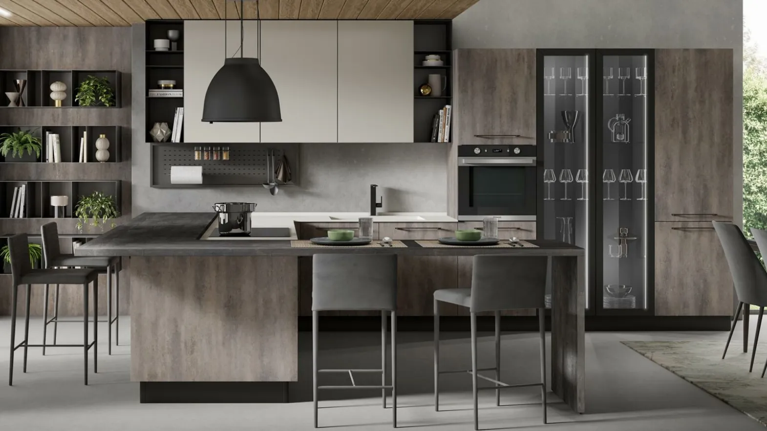 Cucina Moderna con penisola Nevada finitura ossido grigio e seta bianco opaco di Mobilturi