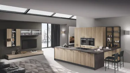 Cucina Moderna con penisola Pop rovere corteccia e tortora lucido di Mobilturi