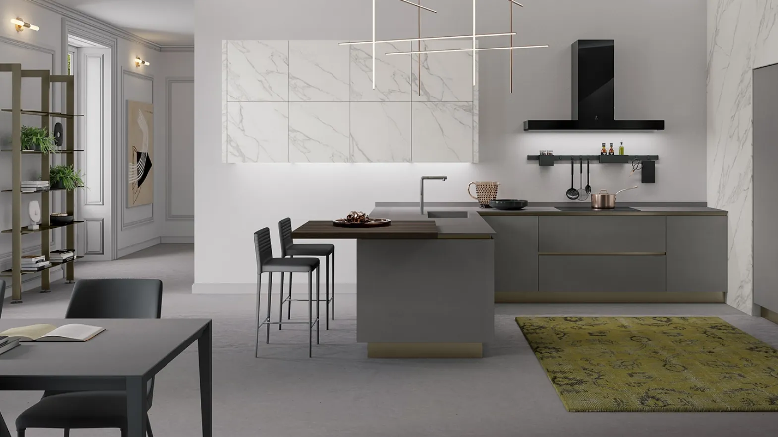 Cucina Moderna con penisola Stratos in Gres White Marble e Gres Grey di Mobilturi