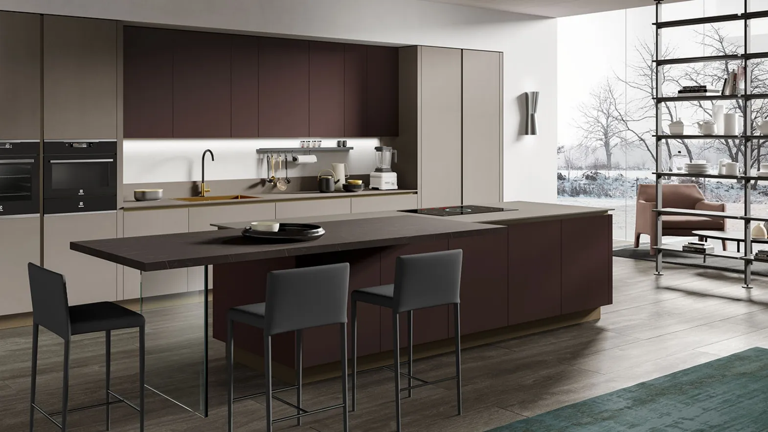 Cucina Moderna con isola Stratos Gres in gres terra e glass marrone opaco di Mobilturi