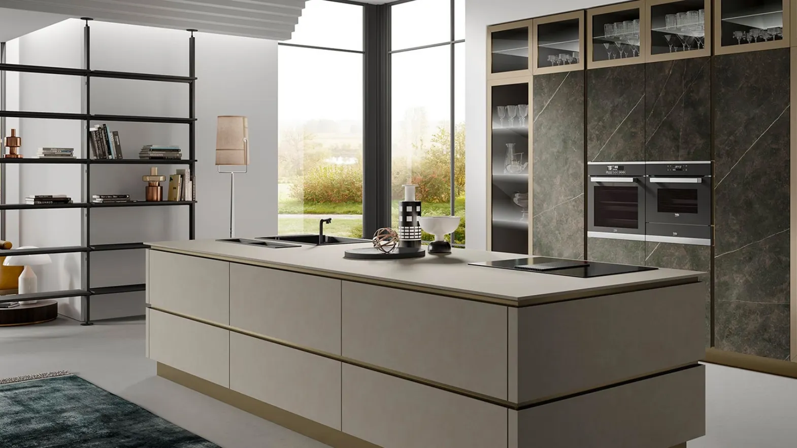 Cucina Moderna con isola Stratos in gres light grey e gres calcite nera di Mobilturi