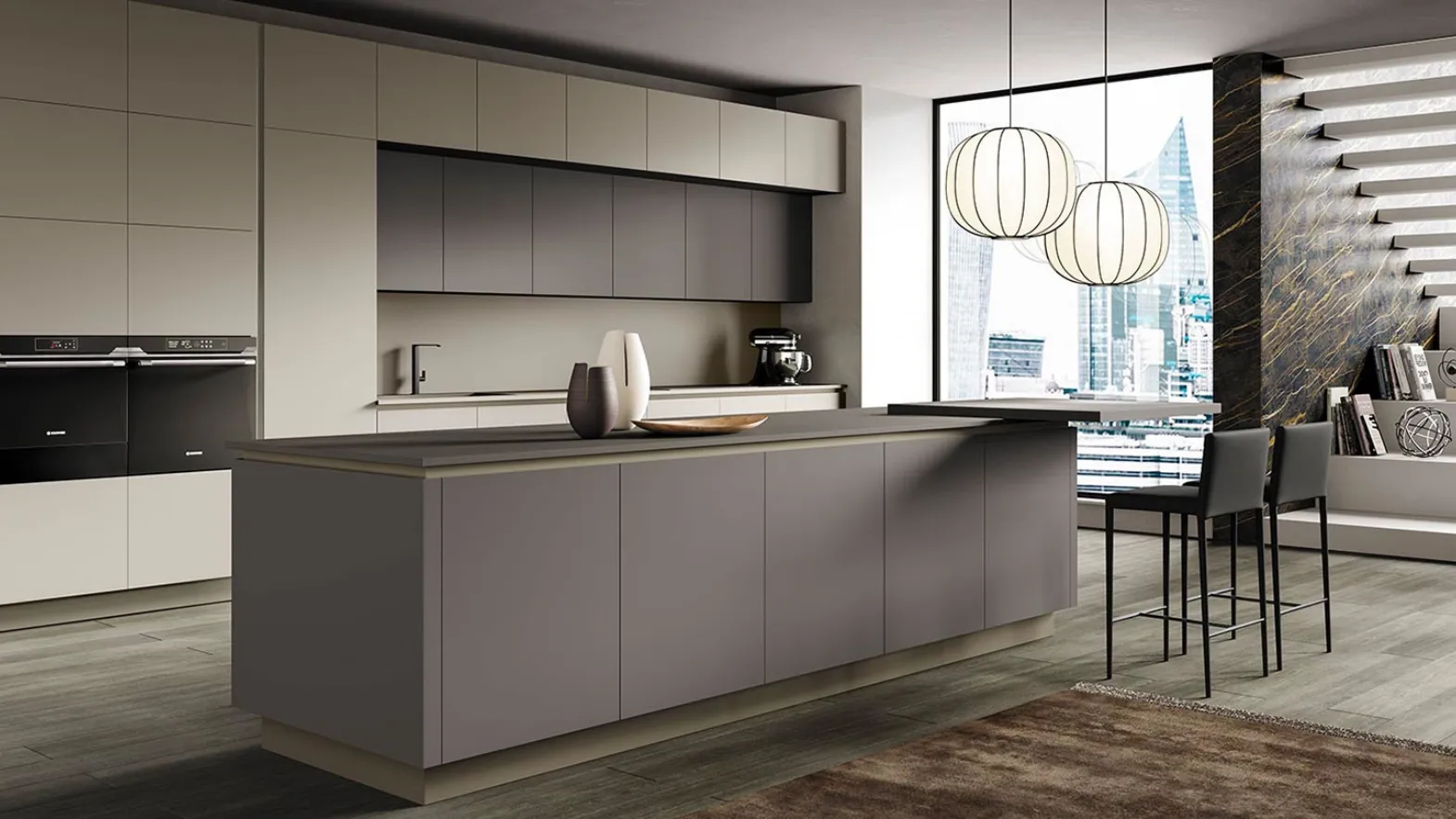 Cucina Moderna con isola Stratos in fenix grigio efeso e grigio londra di Mobilturi