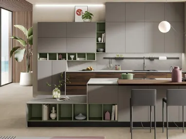 Cucina Moderna con isola Zante finitura rovere sigaro e matt visone di Mobilturi